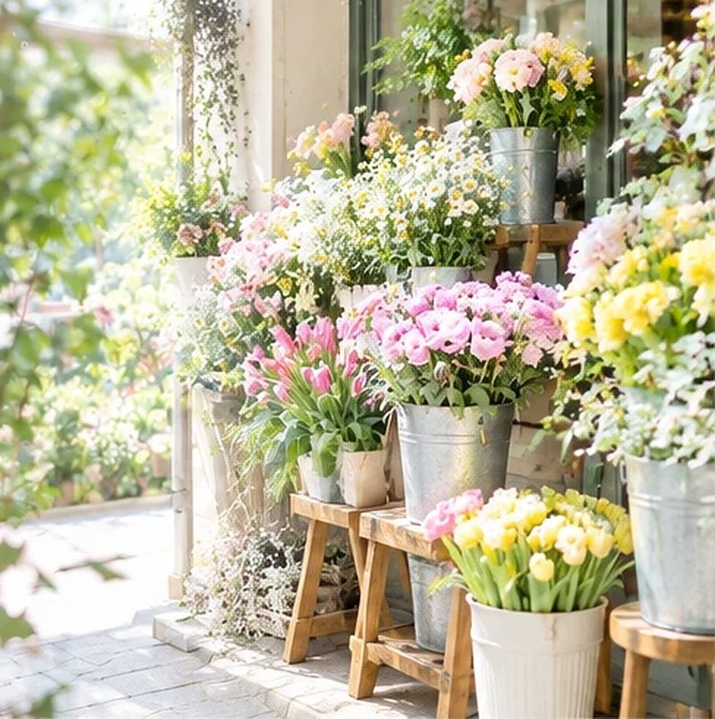 店先のバケツに入った切り花