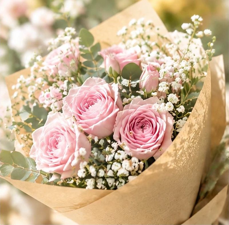 ピンクのバラとかすみ草の花束
