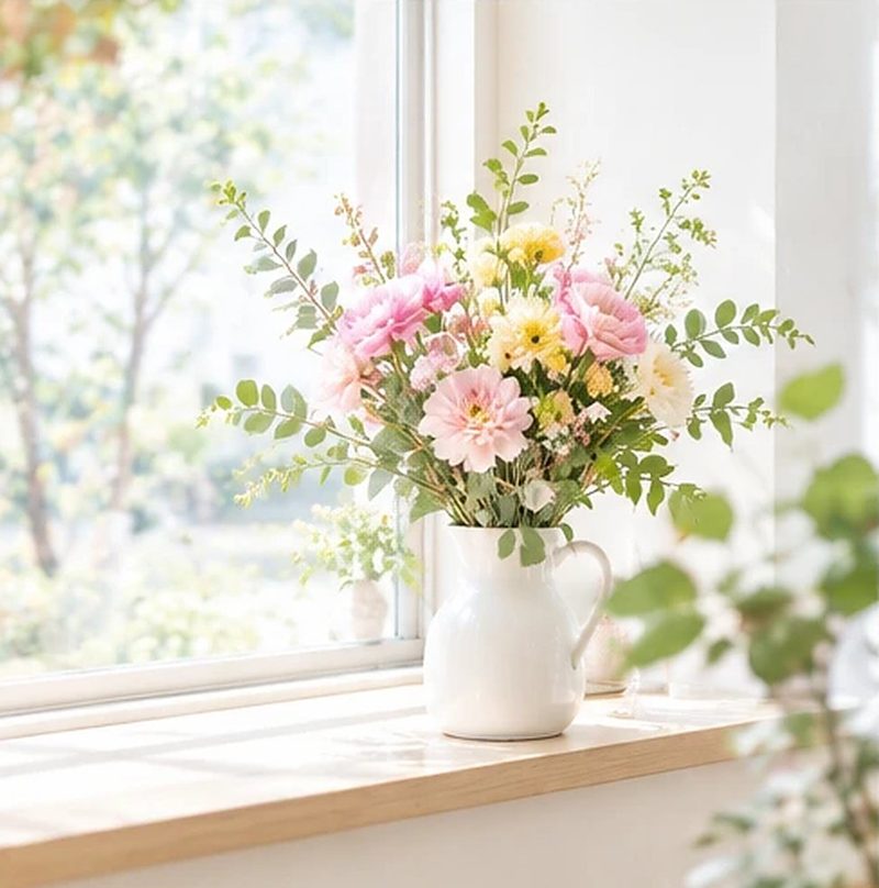 窓辺の花瓶のアレンジ
